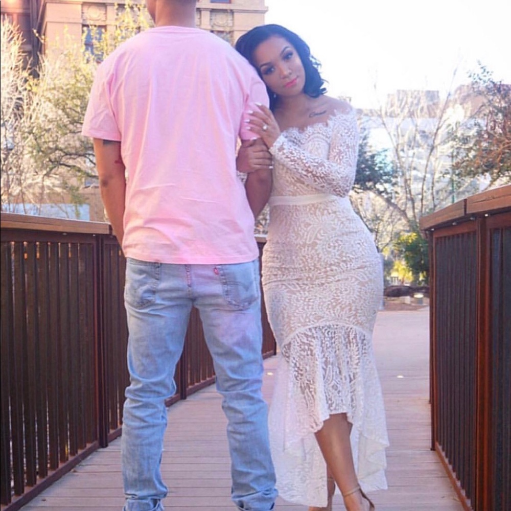 White Lace/Nude Illusion Off Shoulder Maxi Dress